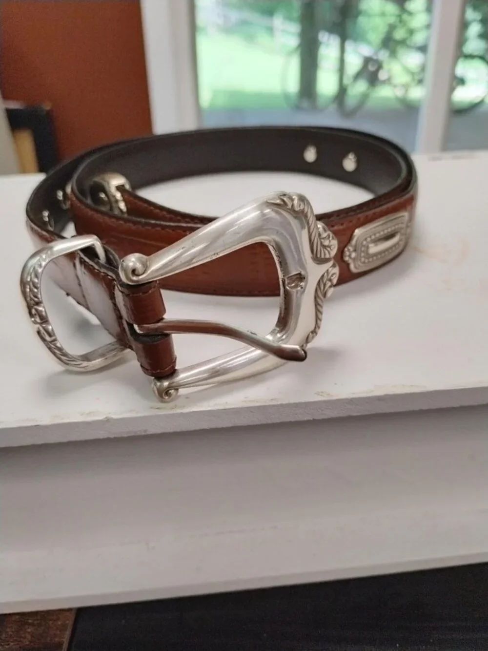 Brown Genuine Leather Western Concho Belt Silver Buckle Size L
